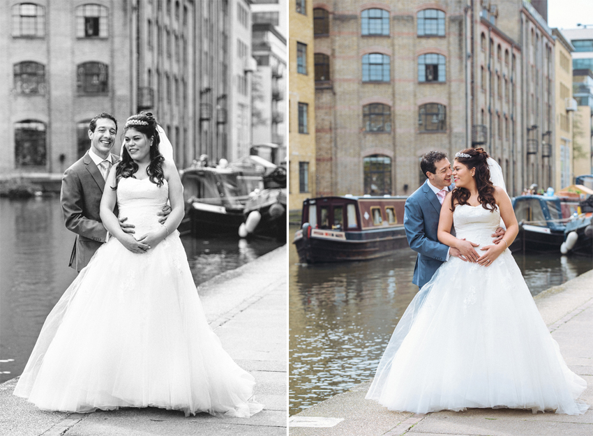 bröllop i lagerlokal porträtt vid kanal