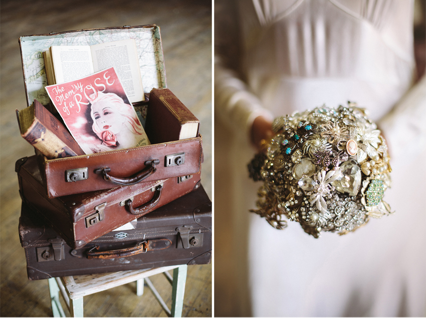 bukett gjord av broscher vintagebröllop